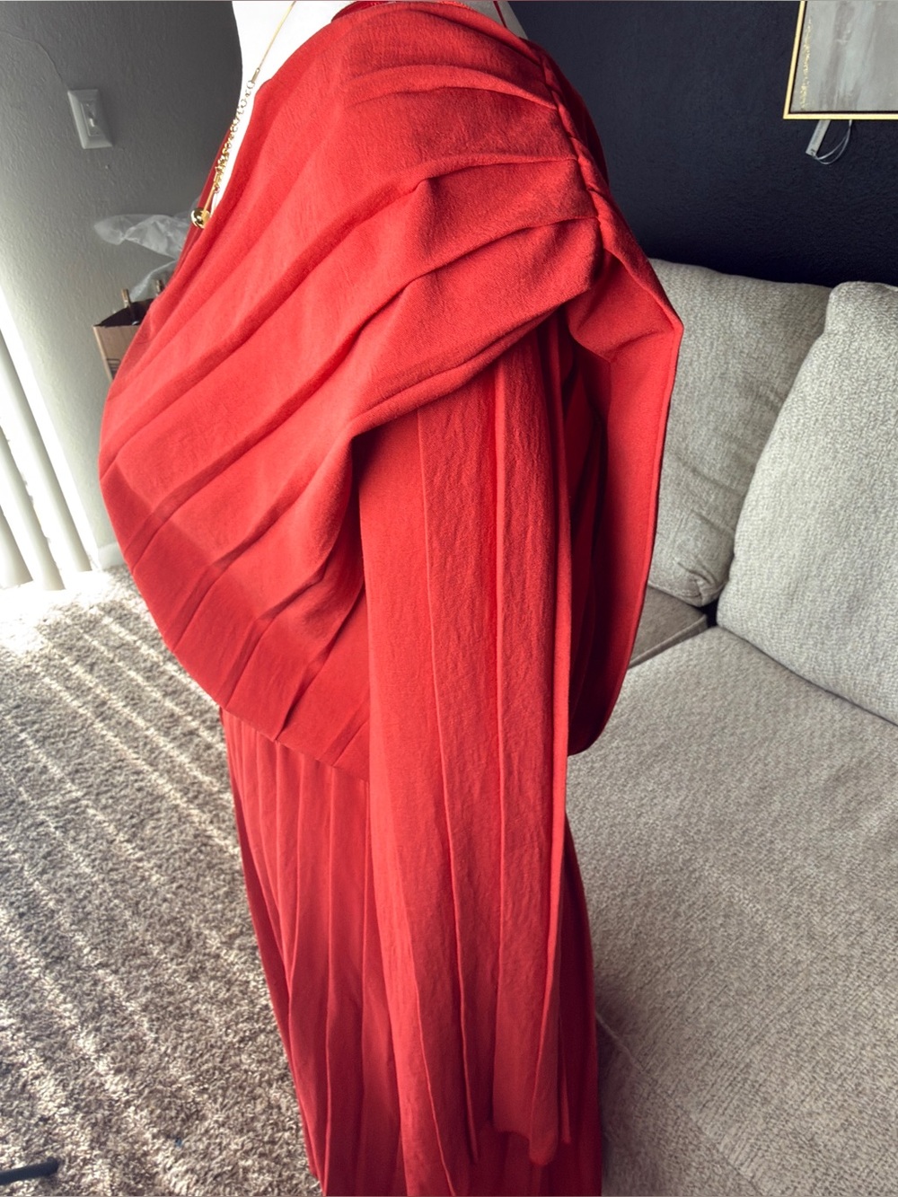 Zara Coral-Red Pleated V-Neck Midi Dress with Tie Waist - Picture 4 of 6